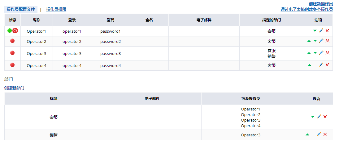 操作员和部门的默认设定